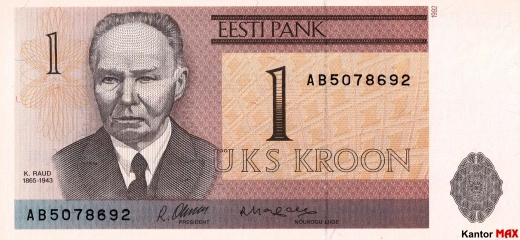 Przód wycofanego banknotu 1 korona estońska z 1992 roku