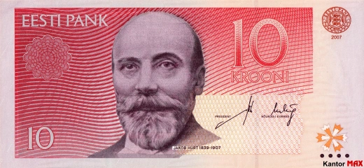 Przód wycofanego banknotu 10 koron estońskich 2006-2007 rok