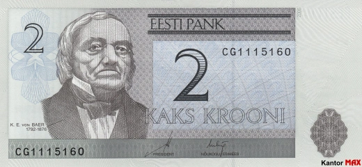 Przód wycofanego banknotu 2 korony estońskie 2006-2007 rok