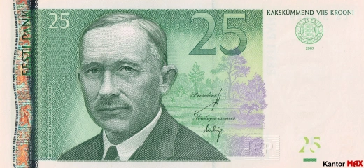 Przód wycofanego banknotu 25 koron estońskich 2002-2007 rok
