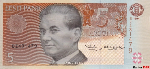 Przód wycofanego banknotu 5 koron estońskich z 1994 roku