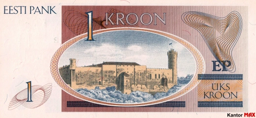 Tył wycofanego banknotu 1 korona estońska z 1992 roku