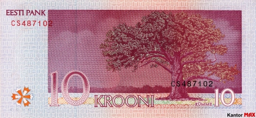 Tył wycofanego banknotu 10 koron estońskich 2006-2007 rok