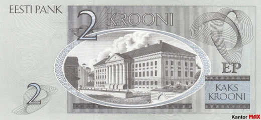 Tył wycofanego banknotu 2 korony estońskie 2006-2007 rok