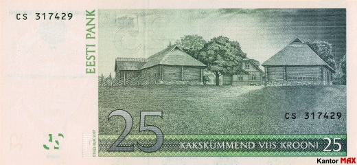 Tył wycofanego banknotu 25 koron estońskich 2002-2007 rok