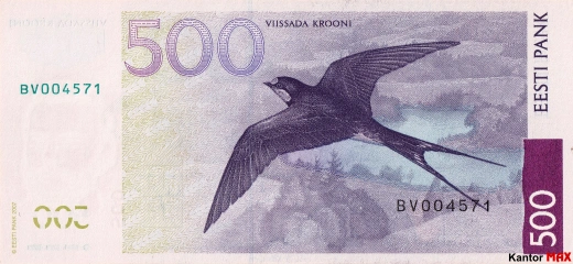 Tył wycofanego banknotu 500 koron estońskich z 2007 roku