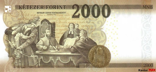Die Rückseite der ungarischen Forint-Banknote 2000, Ausgabe 2016