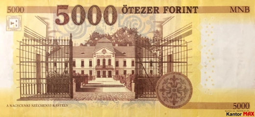 Die Rückseite der 5.000 ungarischen Forint-Banknote, Ausgabe 2016