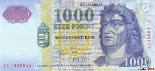 Przód wycofanego banknotu forinta 1000 HUF edycja 1998-1999 r.
