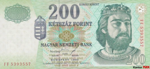 Przód wycofanego banknotu 200 forintów węgierskich z 1998 roku