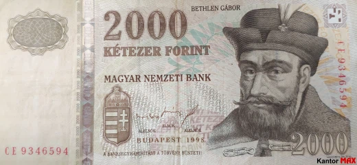 Przód wycofanego forinta węgierskiego 2000 z 1998 r.