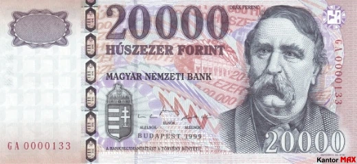 Przód wycofanego forinta węgierskiego 20.000 edycja 2008-2009 r.