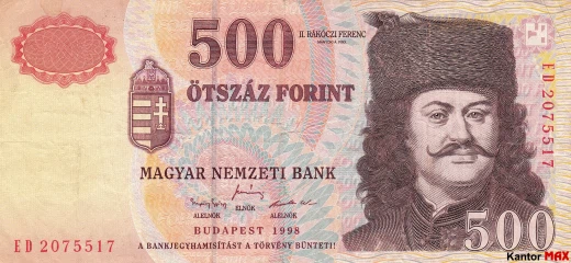 Przód wycofanego banknotu 500 forintów HUF z 1998 roku