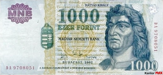 Przednia strona wycofanego banknotu 1000 forintów węgierskich edycja 2002 roku