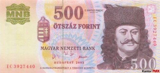 Przód wycofanego banknotu 500 forintów węgierskich edycja 2001-2010 r.