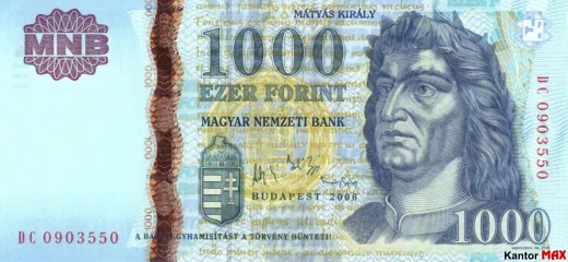 Przednia strona wycofanego banknotu 1000 forintów węgierskich edycja 2005-2008 r.