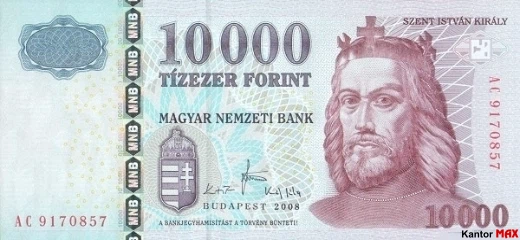 Przód wycofanego forinta węgierskiego 10.000 edycja 2008-2012 r.