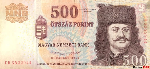 Przednia strona wycofanego banknotu 500 forintów węgierskich edycja 2013 roku