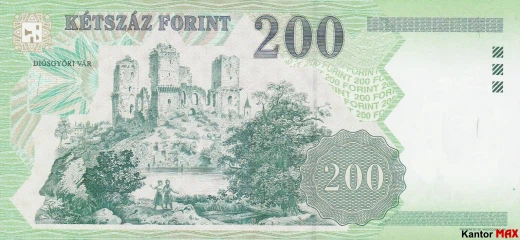 Tył wycofanego banknotu 200 forintów węgierskich z 1998 roku