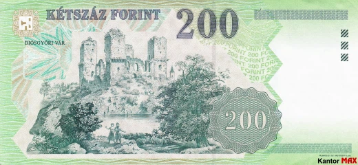 Tył wycofanego banknotu 200 forintów HUF z 2005 roku