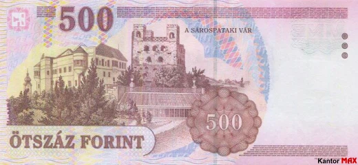 Tył wycofanego banknotu 500 forintów węgierskich edycja 2001-2010 r.