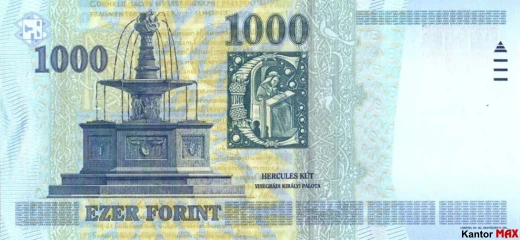 Tylna strona wycofanego banknotu 1000 forintów węgierskich edycja 2005-2008 r.