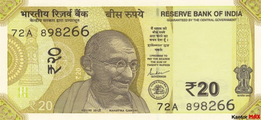 Vorderseite ₹20 Rupien aus dem Jahr 2019