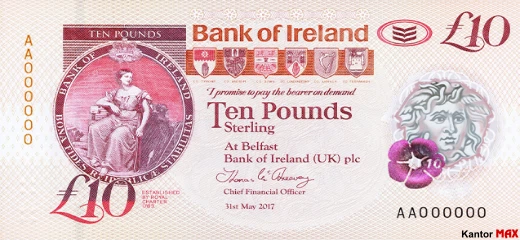 Przód polimerowego 10 funtów Irlandii Północnej seria Bushmills