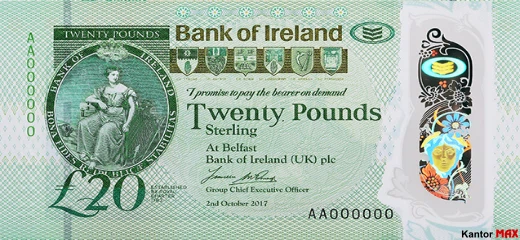 Przód polimerowego banknotu 20 funtów Irlandii Północnej seria Bushmills