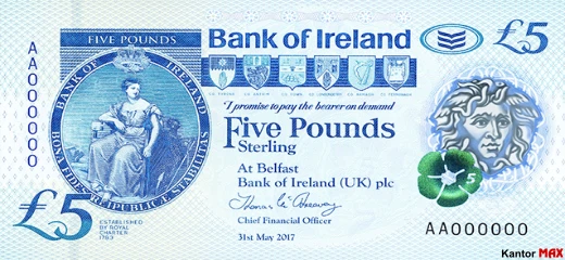 Przód banknotu polimerowego 5 funtów Irlandii Północnej seria Bushmills