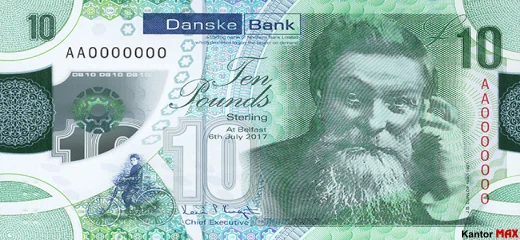 Przód banknotu polimerowego 10 funtów Irlandii Północnej Danske Bank