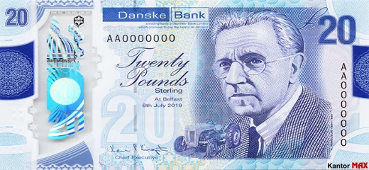 Przód banknotu polimerowego 20 funtów Irlandii Północnej Danske Bank