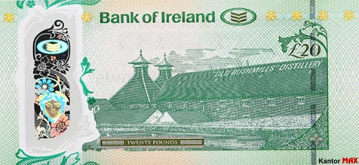 Tył polimerowego banknotu 20 funtów Irlandii Północnej seria Bushmills