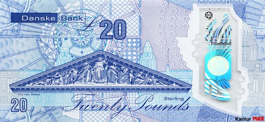 Tył banknotu polimerowego 20 funtów Irlandii Północnej Danske Bank