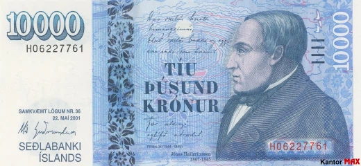 Vorderseite der 10.000 isländischen Kronen-Banknote aus dem Jahr 2013.