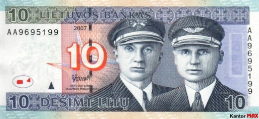 Przód wycofanego banknotu 10 litów litewskich seria 2007 rok