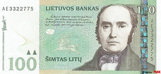 Przód wycofanego banknotu 100 litów litewskich edycja 2007 rok