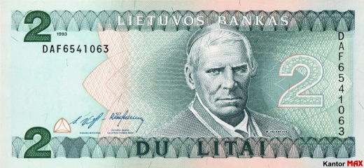Przód wycofanego banknotu 2 lity litewskie seria 1993 rok
