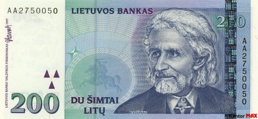 Przód wycofanego banknotu 200 litów litewskich edycja 1997 rok