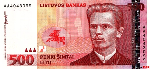 Przód wycofanego banknotu 500 litów litewskich edycja 2000 rok