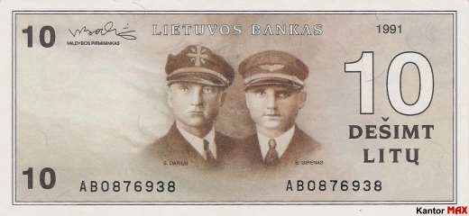 Przód wycofanego banknotu 10 litów litewskich seria 1991 rok