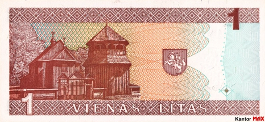 Tył wycofanego banknotu 1 lita litewskiego seria 1994 rok