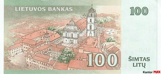 Tył wycofanego banknotu 100 litów litewskich edycja 2007 rok