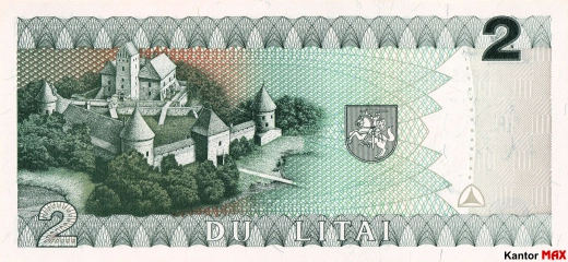 Tył wycofanego banknotu 2 lity litewskie seria 1993 rok