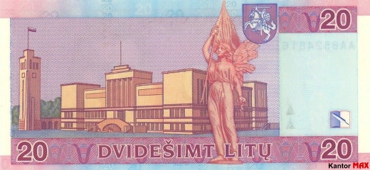 Tył wycofanego banknotu 20 litów litewskich edycja 2007 rok