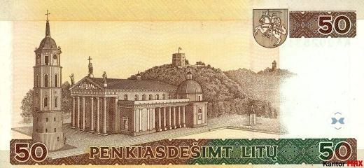 Tył wycofanego banknotu 50 litów litewskich edycja 2003 rok