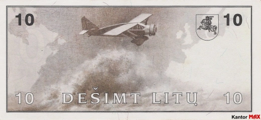 Tył wycofanego banknotu 10 litów litewskich seria 1991 rok