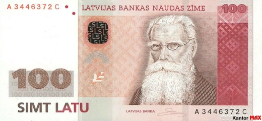 Przód wycofanego banknotu 100 łat łotewskich edycja z 2007 roku
