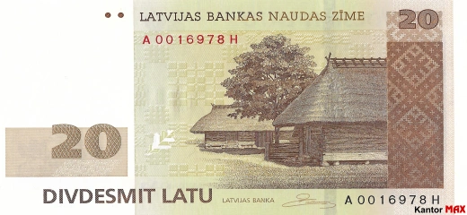 Przód wycofanego banknotu 20 łat łotewskich edycja z 2007-2009 rok