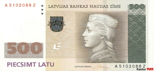 Przód wycofanego banknotu 500 łat łotewskich edycja z 2008 roku